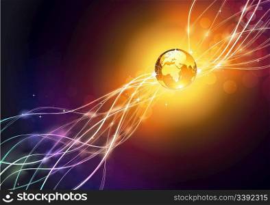 Vector illustration of futuristic abstract glowing background resembling motion blurred neon light curves with Glossy Earth Globe
