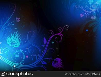 Vector illustration of futuristic background made of blue shiny floral elements