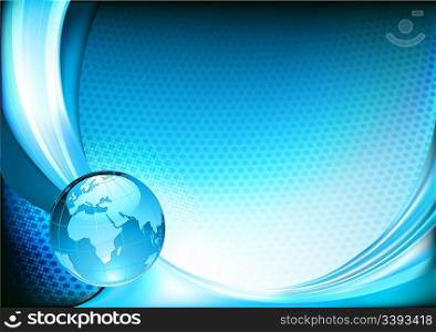 Vector illustration of futuristicblue abstract spotty background resembling motion blurred neon light curves with Glossy Earth Globe