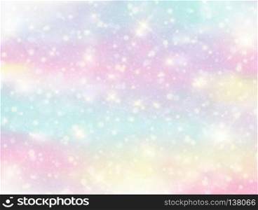 Vector illustration of galaxy fantasy background and pastel color.The unicorn in pastel sky with rainbow. Pastel clouds and sky with bokeh . Cute bright candy background .