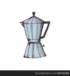 Vector illustration of geyser coffee maker in engraving style. Sketch in color coffee maker icon