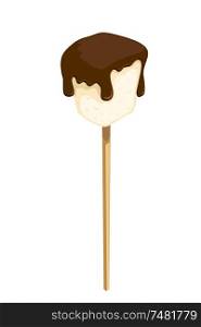 Vector illustration of ginger cookies with chocolate on a wooden stick on a white background. Sweet gingerbread, traditional food, dessert.
