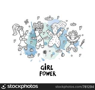 Vector illustration of girl power. Composition in doodle style with different female characters and watercolor splash blot.