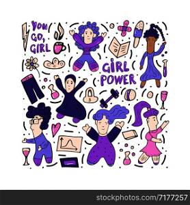 Vector illustration of girl power. Composition in doodle style with different female characters.