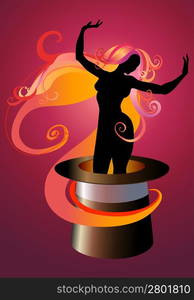 Vector Illustration of Girl Silhouette dancing on a Magicians top hat