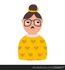 Vector illustration of girl with a feeling of annoyance. Female portrait in a modern flat style. Cute character design. Vector illustration of girl with a feeling of annoyance