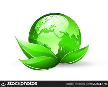 Vector illustration of Glossy Earth Map Globe with funky green leaves