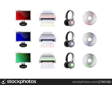 Vector illustration of glossy technological gadgets icons: LCD Display, head - phones, printer and disc