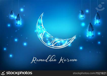 Vector illustration of Glowing ornate crescent with hanging lantern