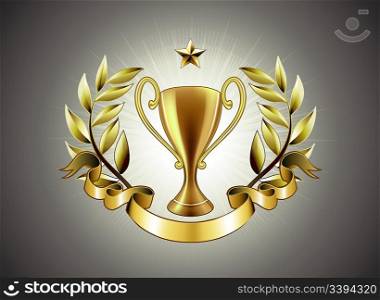 Vector illustration of golden Trophy with laurel wreath and ribbon badge to put a text