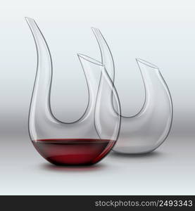 Vector illustration of graceful decanters, empty and with red wine on gray gradient background. Two graceful decanters