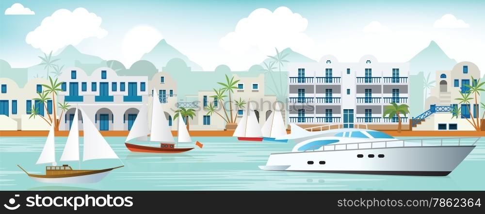 Vector illustration of greek coast with houses and boats