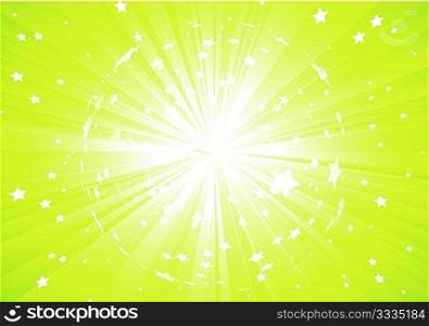 Vector illustration of Green Abstract background with light rays and burst of stars
