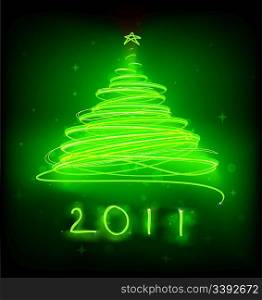 Vector illustration of green Abstract Christmas tree on the black background. 2011.