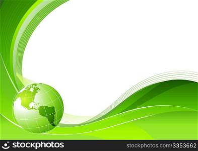 Vector illustration of green abstract lines background - composition of curved lines and globe.