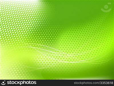 Vector illustration of green abstract techno background made of dots and curved lines. Great for backgrounds or layering over other images