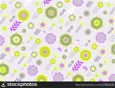 Vector illustration of green and yellow funky flowers and leaves retro pattern on violet background