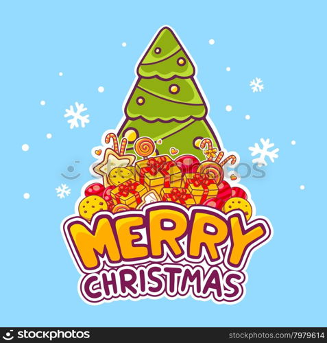 Vector illustration of green christmas tree and pile of christmas items with hand written text on blue background with snowflakes. Bright color. Hand draw line art design for web, site, advertising, banner, poster, board, postcard, print and greeting card.