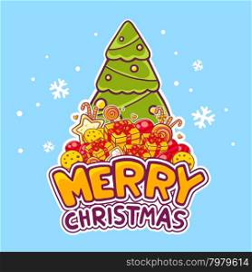 Vector illustration of green christmas tree and pile of christmas items with hand written text on blue background with snowflakes. Bright color. Hand draw line art design for web, site, advertising, banner, poster, board, postcard, print and greeting card.