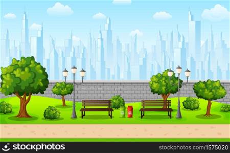 Vector illustration of Green city park with town buildings