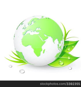 Vector illustration of Green Earth planet (showing Europe and Africa) with leaves and water drops