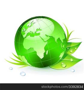 Vector illustration of Green Earth planet (showing Europe and Africa) with leaves and water drops