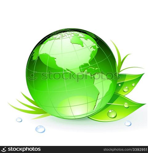 Vector illustration of Green Earth planet with leaves and water drops