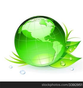 Vector illustration of Green Earth planet with leaves and water drops