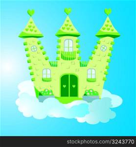 Vector Illustration of green fairy castle in the clouds