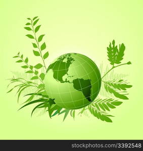 Vector illustration of green floral ecological Background with Earth planet, leaves and plants