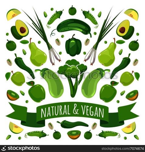 Vector illustration of green fruits and vegetables. Organic vegetarian vegetable. Vector illustration of green fruits and vegetables