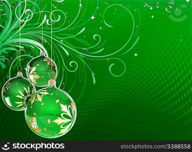 Vector illustration of green Holiday card with christmas balls on the abstract floral background