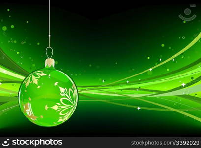 Vector illustration of green Holiday card with christmas balls on the abstract lines background