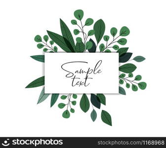 Vector illustration of green leaves. Natural background, invitation card template with branches and leaf decoration.. Natural background with leaves