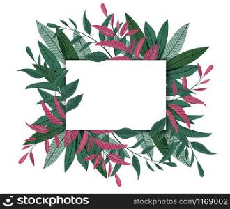 Vector illustration of green leaves. Natural background, invitation card template with branches and leaf decoration.. Natural background with leaves