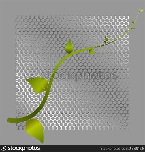 Vector illustration of green shoots and metal mesh