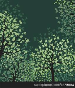 Vector illustration of green trees. Landscape background with forest. Nature background. Green trees with leaves