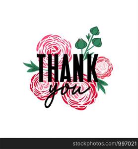 Vector illustration of greeting card with flowers. Decorative background with Thank you text. Greeting card with flowers