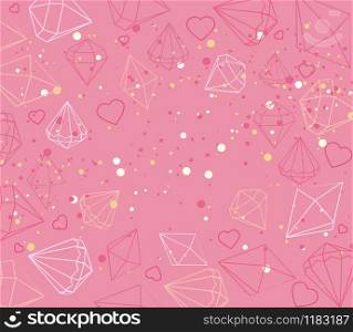 Vector illustration of greeting card with jewels, diamant, hearts. Beautiful confetti hearts falling on background. Invitation Template Background Design, Valentine&rsquo;s Day or Mother&rsquo;s Day. Greeting card with jewels, hearts