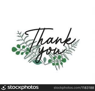 Vector illustration of greeting card with leaves. Decorative background with Thank you text. Greeting card with leaves