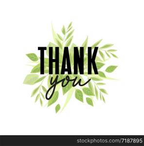 Vector illustration of greeting card with leaves. Decorative background with thank you text. Greeting card with leaves