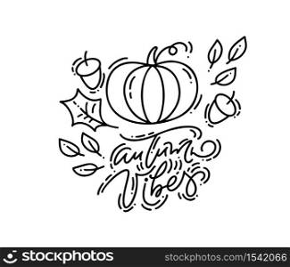 Vector illustration of greeting card with monoline calligraphy Autumn Vibes text. Hand drawn pumpkin and leaves isolated on white background. Perfect for seasonal holidays, Thanksgiving Day.. Vector illustration of greeting card with monoline calligraphy Autumn Vibes text. Hand drawn pumpkin and leaves isolated on white background. Perfect for seasonal holidays, Thanksgiving Day