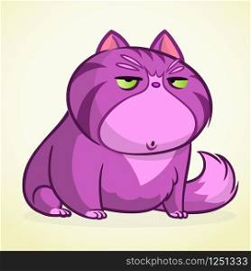 Vector illustration of grumpy purple cat. Fat cartoon cat with a grumpy expression.