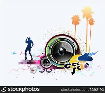 Vector illustration of grunge abstract party background with music design elements