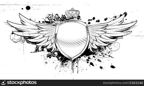 Vector illustration of grunge heraldic shield or badge with two wings, crown and floral elements
