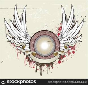 Vector illustration of grunge heraldic shield or frame with two wings, banner and swirling floral elements