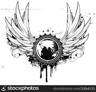 Vector illustration of grunge insignia or badge with two wings, floral elements and a globe in the central part of composition