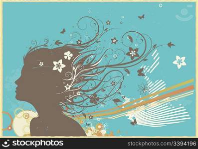 Vector illustration of grunge retro background with young woman&acute;s face and floral elements