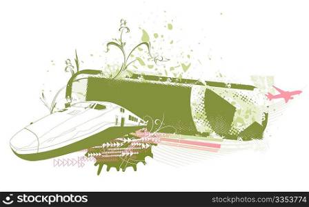 Vector illustration of grunge style urban background with train and airplane
