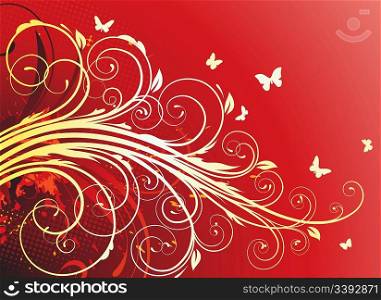 Vector illustration of grunge swirling flourishes decorative red Floral Background